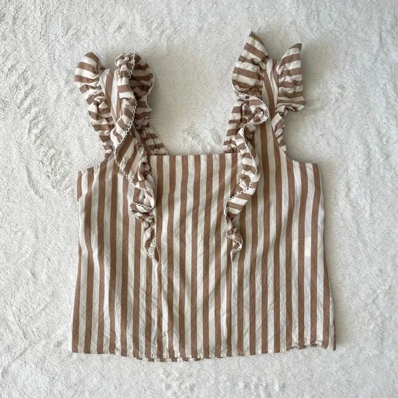 Sezane Meredith Striped Ruffle Camel Cream Bow Tank Blouse Size 40 FR / 8 US - Picture 2 of 8